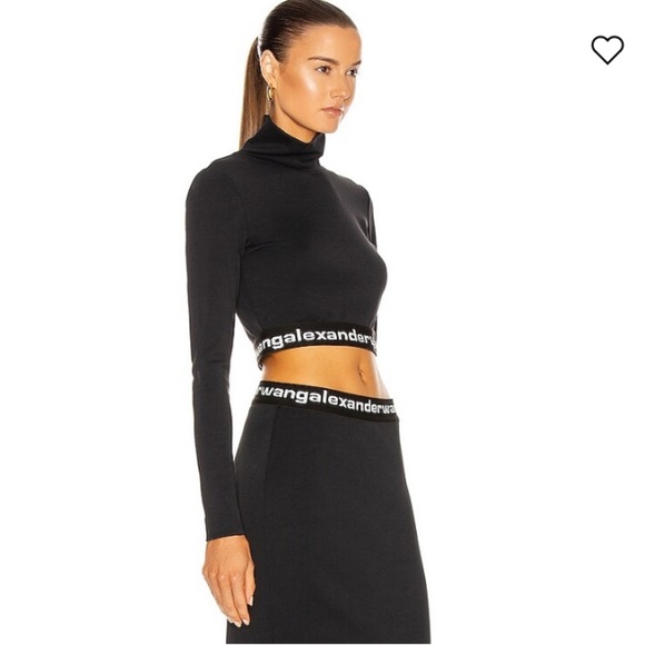 Alexander Wang Logo Elastic Cropped Mock Neck Top Long Sleeve Black - Picture 2 of 15